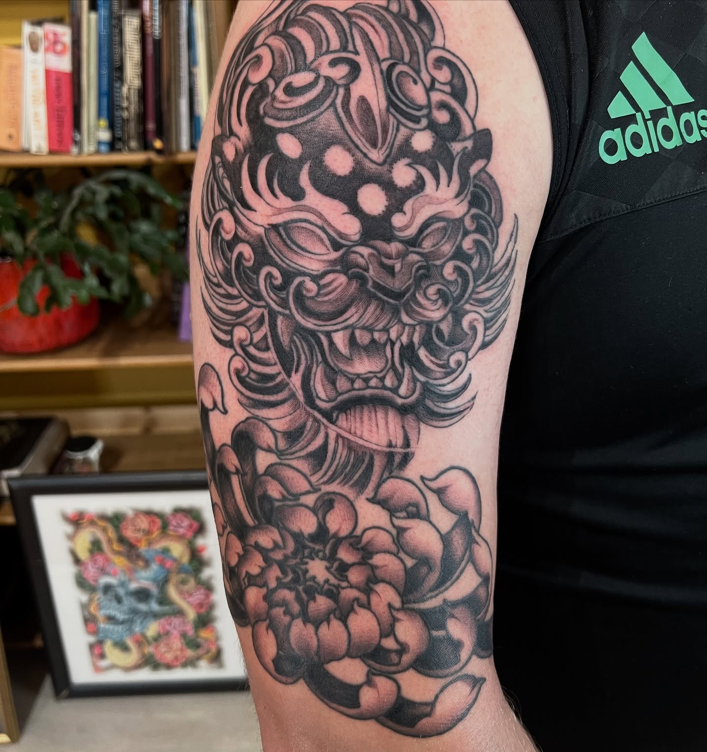 Part of a sleeve for Will. By @joshwilding we will be adding in a lot more, Japanese/Thai Buddhist pieces over the remainder of this year. DM for more like this. #sleeve #sleevetattoo #sleevetattoos #blackandgreytattoo #japanese #foodog #buddhism