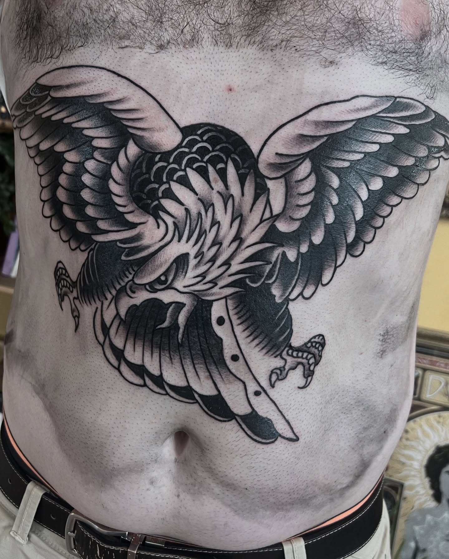 Traditional eagle sternum classic. Thanks to Danny. A heroic effort to complete this in one go. @joshwilding always keen to do more solid black style tattooing. Keeping tradition alive ! #eagle #eagletattoo #blacktattoo #boldwillholdforever #blackwork #traditional #traditionaltattoo