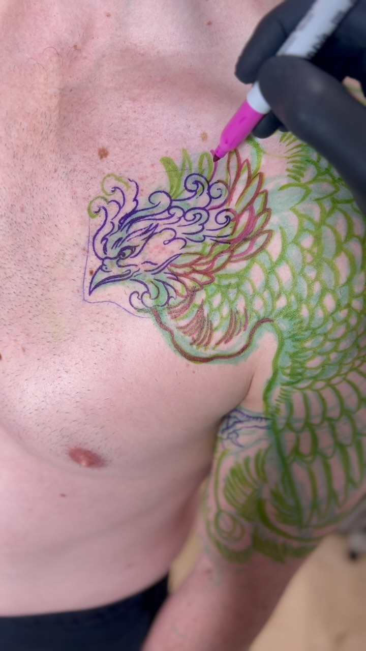 Freehand phoenix done by @joshwilding thanks to Sam for choosing a very cool placement, this allowed the phoenix to transition from chest to shoulder and down the arm creating a unique flow to the design. #phoenix #japanese #japanesetattoo #blackandgreytattoo #traditional #traditionaltattoos