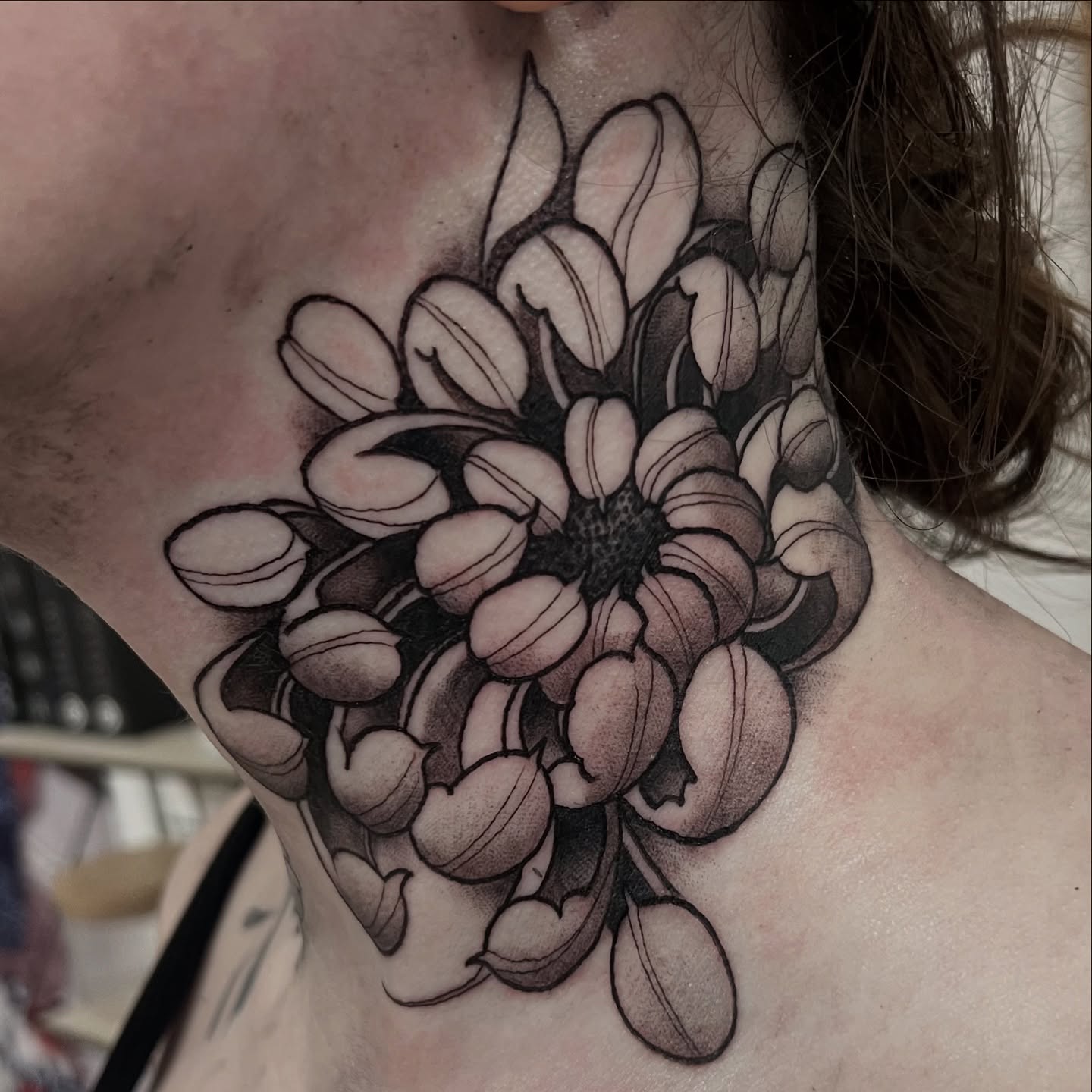 Added onto @justine.phillips.7 neck. This is paired with a peony on the other side. Thanks for choosing another cool design. #neck #necktattoo #crysanthemum #japanese #japaneseflowers #blackandgreytattoo