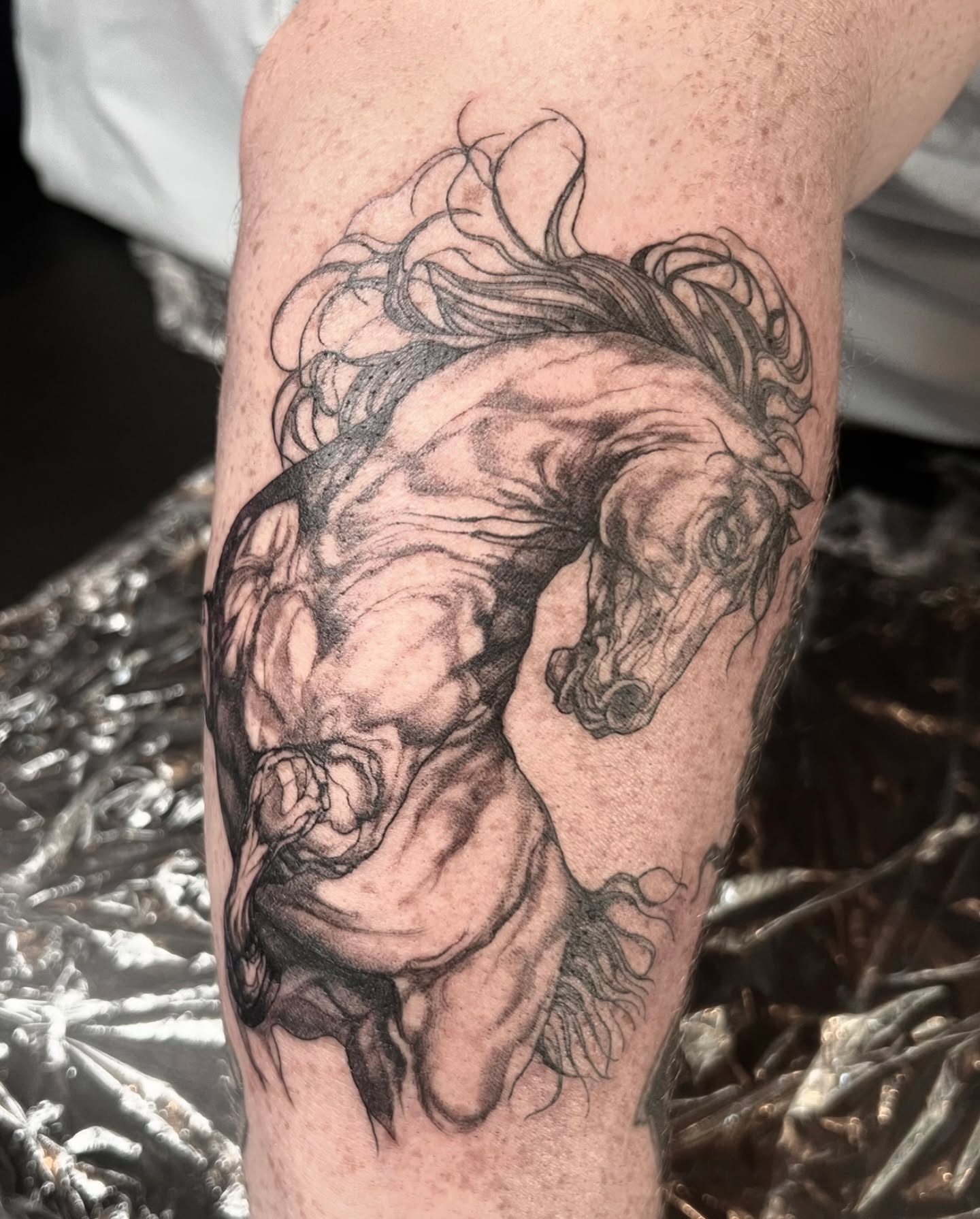 Thanks Harry. We’ve been talking about adding this onto your sleeve for a while, really happy with the result. I’ve used a less saturated shading style which creates an illustrative/graphic appearance. Keen to do more like this. #horse #horsetattoo #illustrative #graphic #comic #comicbook #sleevetattoo