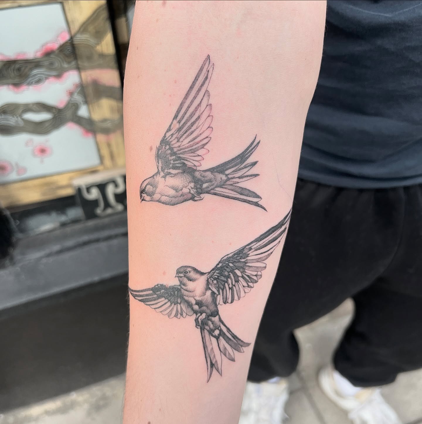 Couple little swallows from today. Thanks Eddie. I tattooed a sleeve and shoulder piece  on Eddies Dad, Warren. It’s great to tattoo second generation clients ! Thanks to all. #swallow #swallowtattoo #blackandgreytattoo #blackandgrey #finelinetattoo #fineline