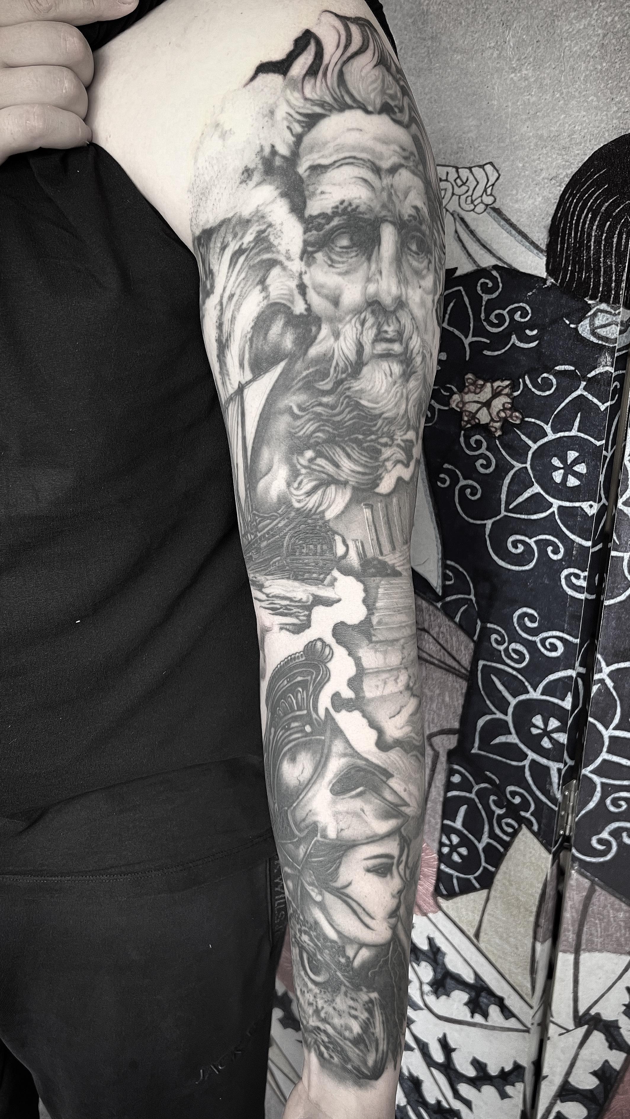A video of this sleeve recently completed. Thanks Jack. #sleeve #sleevetattoo #tattoosleeve #greek #greekmythology #blackandgreytattoo