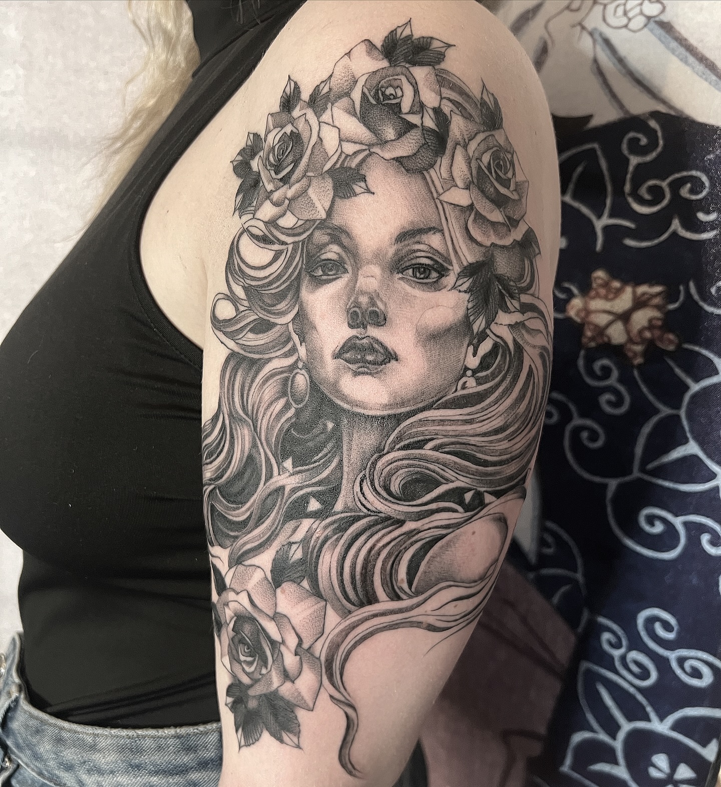 This was great fun. I love tattooing female faces, especially in a more illustrative way, for me I think the style really works with a tattoo and will hold better than soft realism. Each to their own. This was done on Molly who was recommended to me by my 4 year old as Molly works at my daughter’s nursery. #portrait #female #femaleface #facetattoo #portraiture #blackandgreytattoo #ink #girlswithtattoos #inkedgirls
