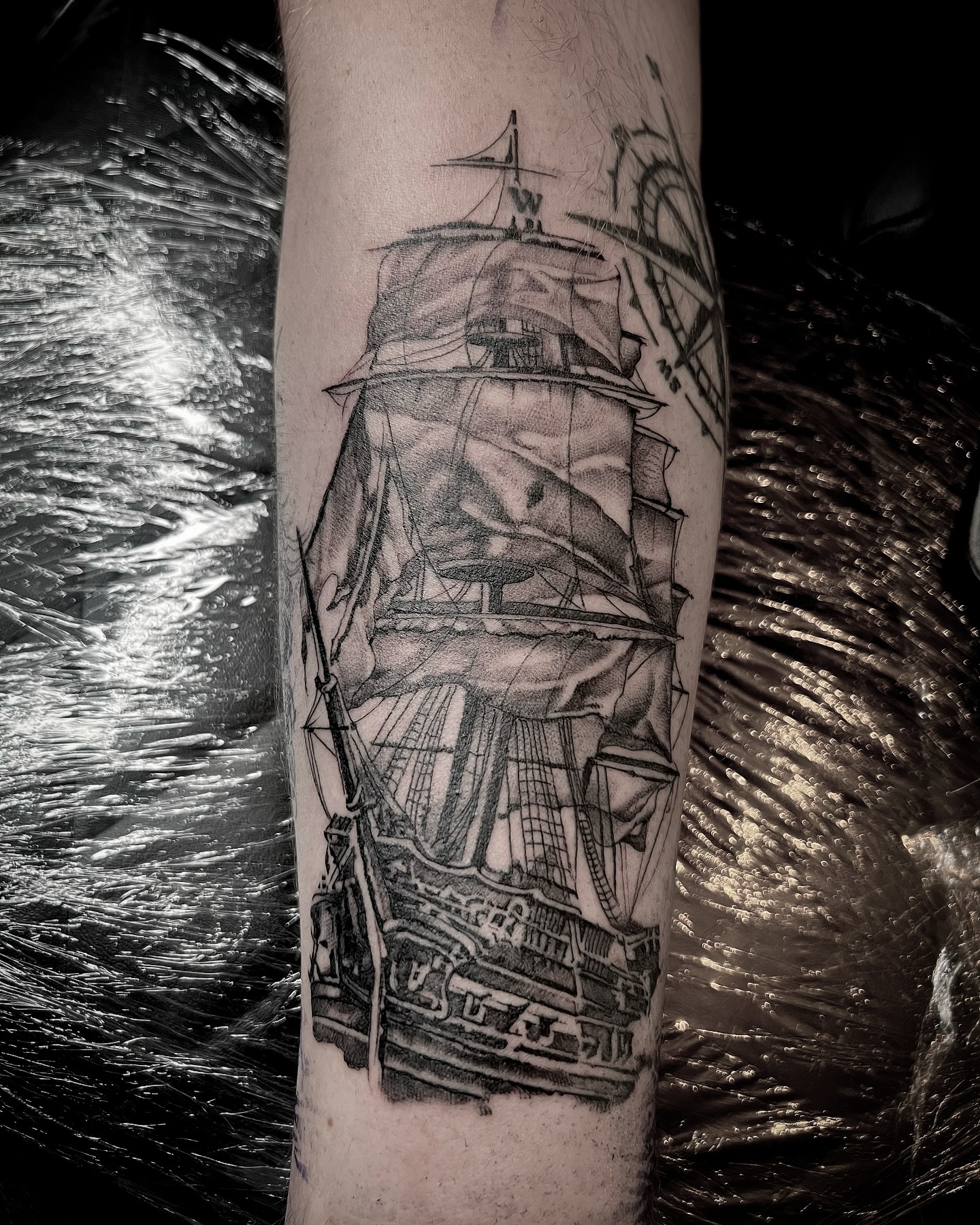 Work in progress. Pirate ship to match a sleeve of travelling themed images. Thanks @oli.king1 #travel #travelling #pirate #pirateship #blackandgreytattoo #sleeve #sleevetattoo