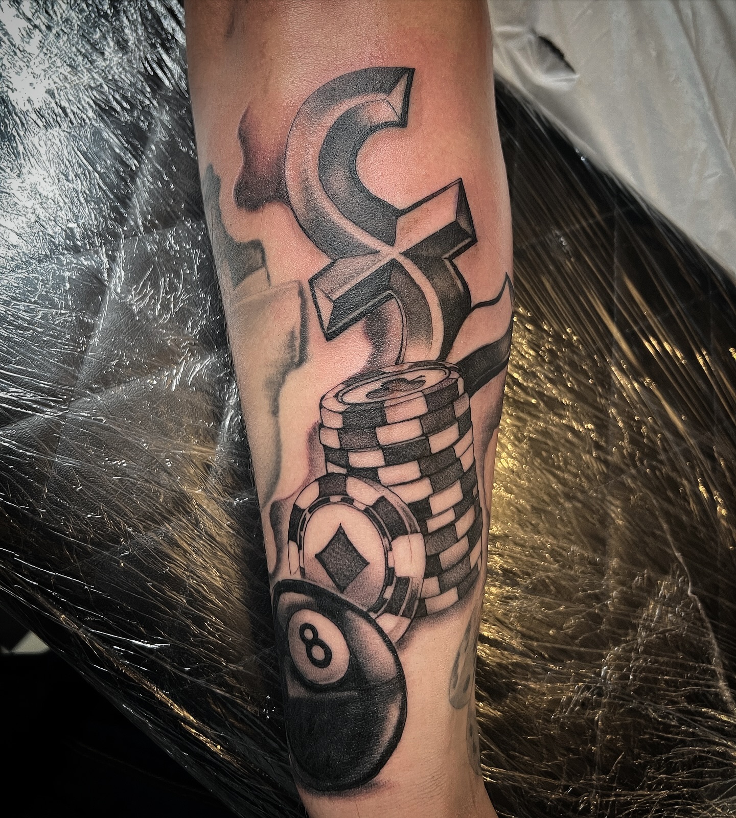 @louie.fret when the chips are down. Gambling themed half sleeve. Thanks mate see you soon for some more. #gambling #gamble #chips #poker #blackandgreytattoo  #sleeve #sleevetattoo