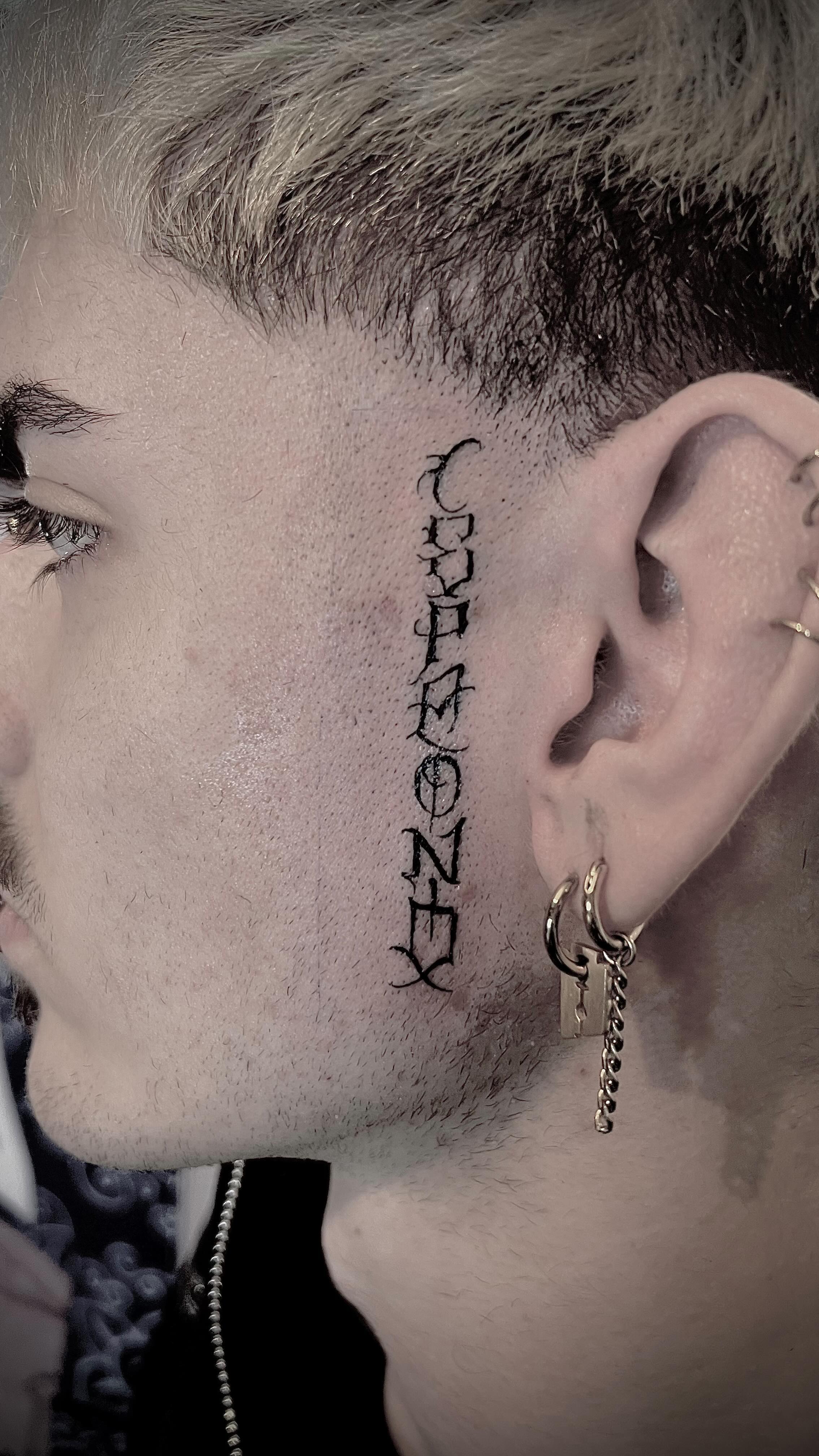 Fine line sideburn lettering. Drawn using @anrijsstraume lettering book for reference. #facetattoo #facetattoos #fineline #finelinetattoo #black #letters #lettering #tattooinspiration #tattooink #tattooideas